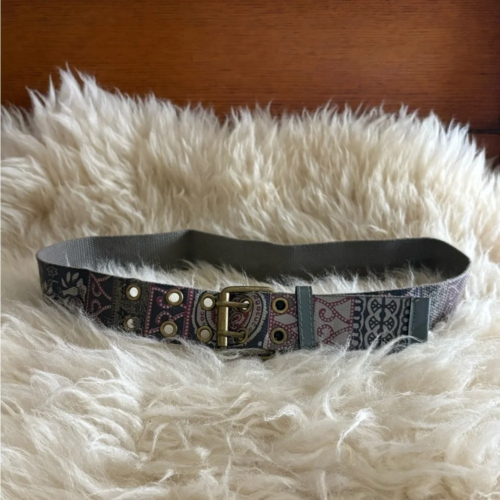 Bohemian Patterned Gray Belt with Brass Buckle and Accents
